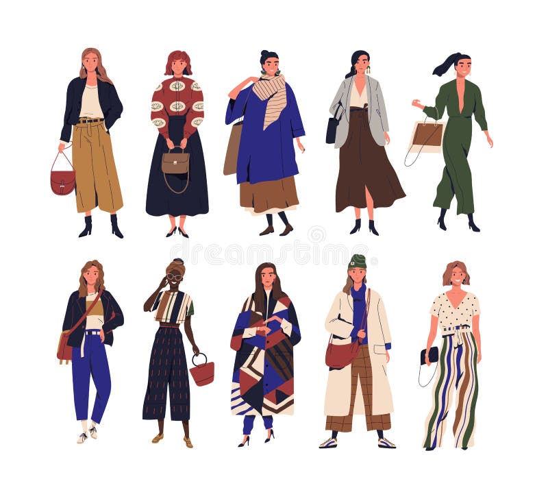 Samling av förtjusande le iklädd modern stilfull kläder för unga kvinnor Packe av lyckligt bära för tonårs- flickor royaltyfri illustrationer Samling av förtjusande le iklädd modern stilfull kläder för unga kvinnor Packe av lyckligt bära för tonårs- flickor royaltyfri illustrationer