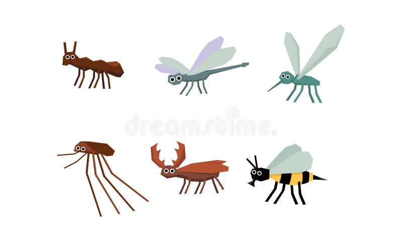 Samling av geometriska kryp uppsättning, mygga, slända, utskjutande hjort, bi, vektorillustration på en vit bakgrund stock illustrationer Samling av geometriska kryp uppsättning, mygga, slända, utskjutande hjort, bi, vektorillustration på en vit bakgrund stock illustrationer