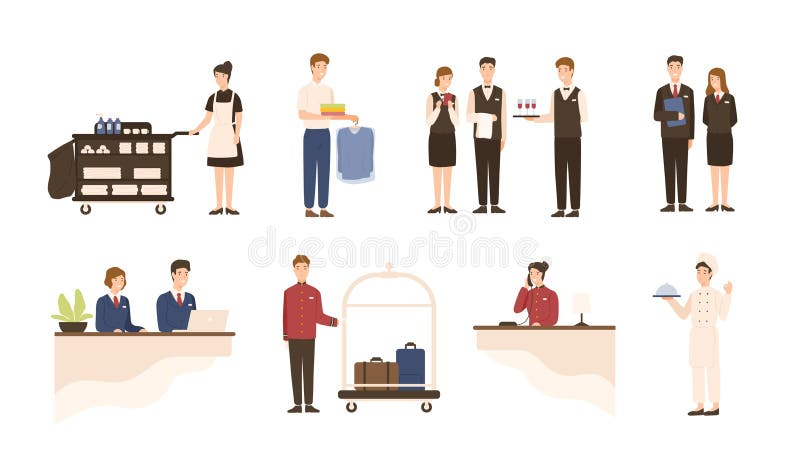 Samling av hotellpersonalen - receptionist, hembiträde- eller hushållningservice och medföljande arbetare för tvätteri, uppassare vektor illustrationer Samling av hotellpersonalen - receptionist, hembiträde- eller hushållningservice och medföljande arbetare för tvätteri, uppassare vektor illustrationer