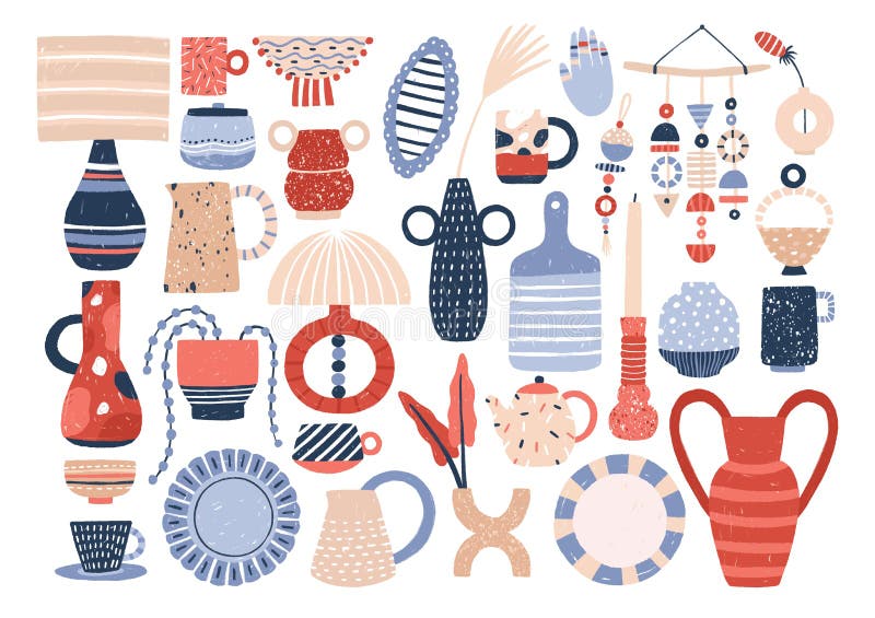 Samling av moderiktig keramisk hushålllerkärl och krukmakeri - koppar, plattor, bunkar, vaser, rånar Packe av redskap för royaltyfri illustrationer Samling av moderiktig keramisk hushålllerkärl och krukmakeri - koppar, plattor, bunkar, vaser, rånar Packe av redskap för royaltyfri illustrationer