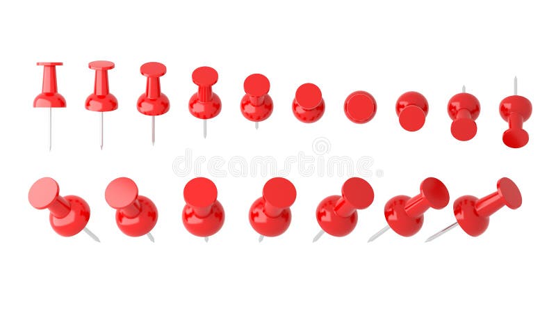Samling av olikt rött pushben Häftstift på vit stock illustrationer