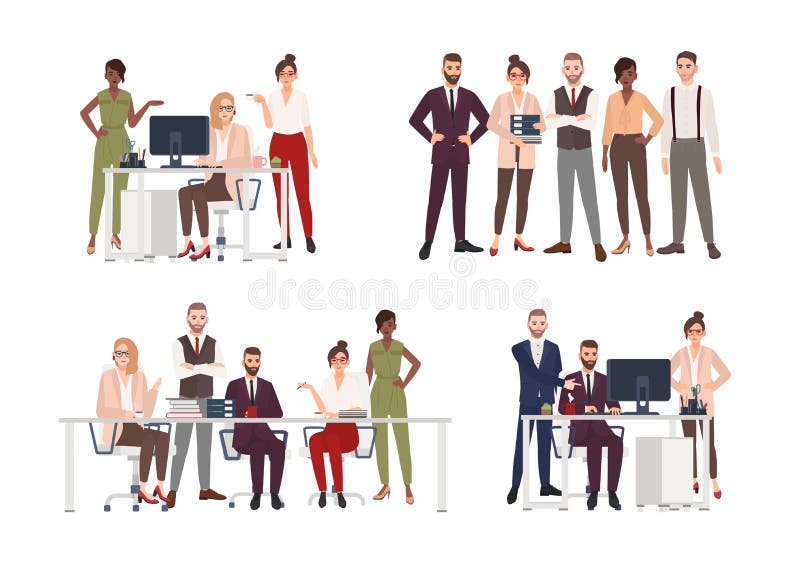 Samling av platser med gruppen av kontorsarbetare eller folk som arbetar på datoren och att ha affärsmöte eller royaltyfri illustrationer