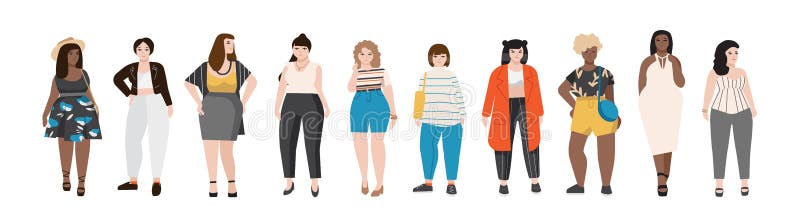 Samling av plus iklädda stilfulla kläder för formatkvinnor Uppsättning av curvy flickor som bär moderiktig kläder Kvinnlig teckna vektor illustrationer Samling av plus iklädda stilfulla kläder för formatkvinnor Uppsättning av curvy flickor som bär moderiktig kläder Kvinnlig teckna vektor illustrationer