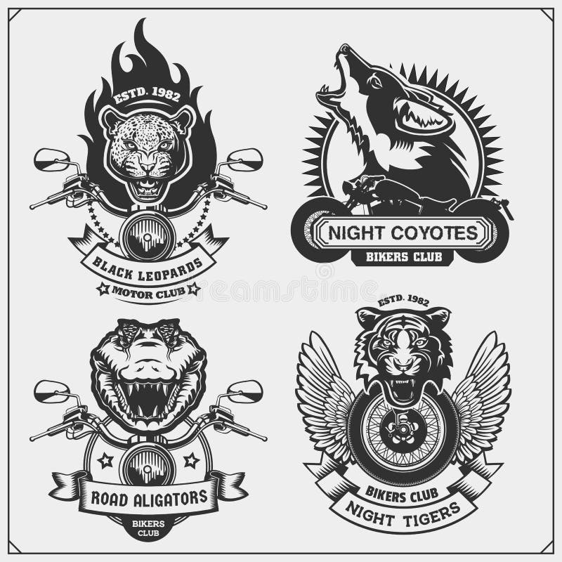 Samling av retro motorcykeletiketter, emblem och designbeståndsdelar Motor- och cyklistklubbaemblem med vilda djur royaltyfri illustrationer Samling av retro motorcykeletiketter, emblem och designbeståndsdelar Motor- och cyklistklubbaemblem med vilda djur royaltyfri illustrationer