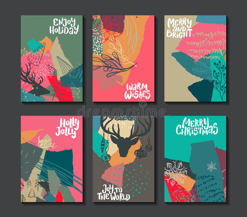 Samling av sex färgrika vektorjulkort stock illustrationer Samling av sex färgrika vektorjulkort stock illustrationer