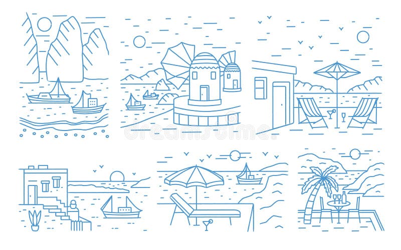 Samling av sommarlandskap med havet eller havet, berg och att segla yachter och badorten som dras med konturlinjer royaltyfri illustrationer Samling av sommarlandskap med havet eller havet, berg och att segla yachter och badorten som dras med konturlinjer royaltyfri illustrationer