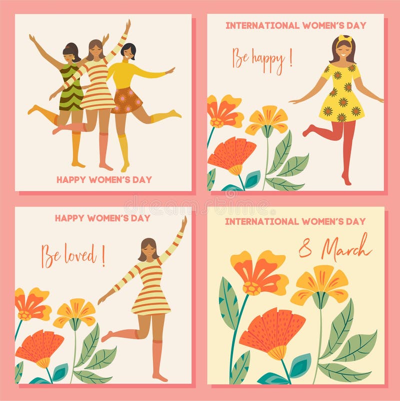 Samling av vårkort Internationell dag för kvinna` s Vektortappningmall med den gulliga dansa flickan och blommor i retro stil stock illustrationer Samling av vårkort Internationell dag för kvinna` s Vektortappningmall med den gulliga dansa flickan och blommor i retro stil stock illustrationer