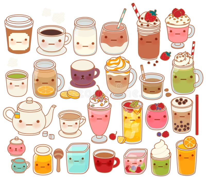 Samlingen av den älskvärda varma och kalla drinksymbolen, gulligt te som är förtjusande mjölkar, sött kaffe, kawaiismoothien, fli royaltyfri illustrationer Samlingen av den älskvärda varma och kalla drinksymbolen, gulligt te som är förtjusande mjölkar, sött kaffe, kawaiismoothien, fli royaltyfri illustrationer