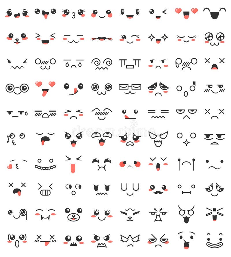 Samlingen av gullig älskvärd kawaii synar och skvallrar Klottertecknad filmframsidor i mangastil Gulliga emoticonemojitecken royaltyfri illustrationer Samlingen av gullig älskvärd kawaii synar och skvallrar Klottertecknad filmframsidor i mangastil Gulliga emoticonemojitecken royaltyfri illustrationer
