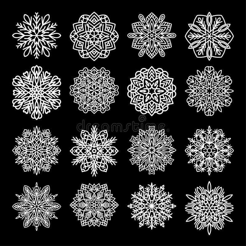 Samlingsuppsättning för snöflingor Snösikoner med platt linje, snöflingor silhuett Nyår stock illustrationer
