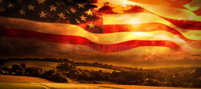 Sammansatt bild av amerikanska flaggan som vinkar på pol