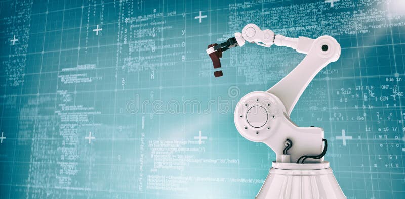 Sammansatt bild av bilden för datordiagram av den robotic fläcken för fråga för arminnehav 3d royaltyfri foto
