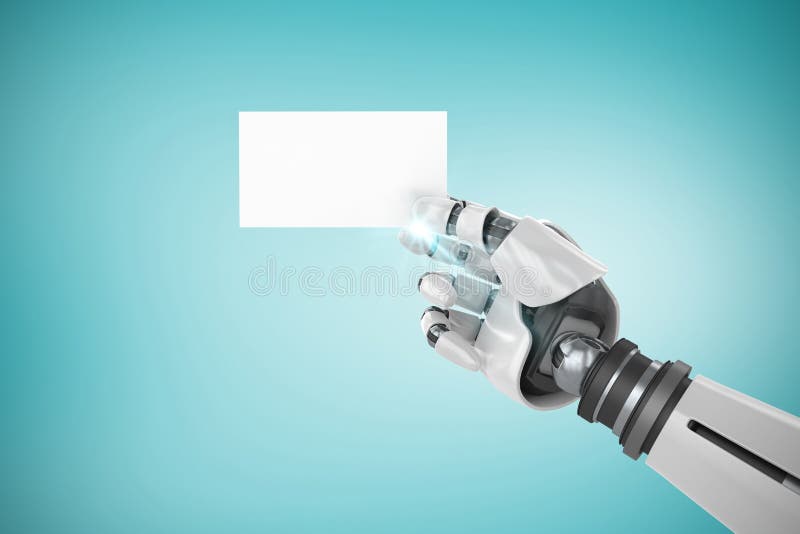 Sammansatt bild av den digitala sammansatta bilden av det vita robotic plakatet 3d för arminnehav arkivfoto