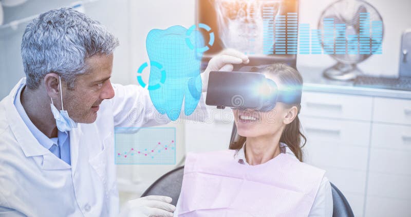 Digitally generated image of a teeth against female patient virtual reality headset during a dental visit. Digitally generated image of a teeth against female patient virtual reality headset during a dental visit