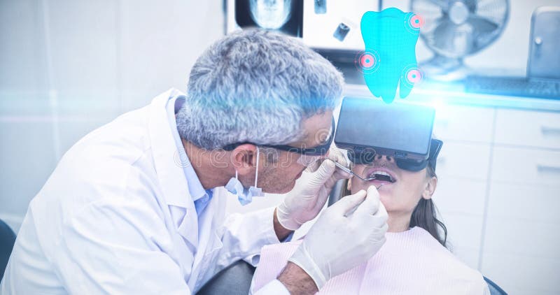 Digitally generated image of a teeth against dentist examine female patient with dental tools. Digitally generated image of a teeth against dentist examine female patient with dental tools