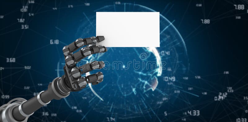 Sammansatt bild av det robotic vita plakatet 3d för arminnehav arkivfoton
