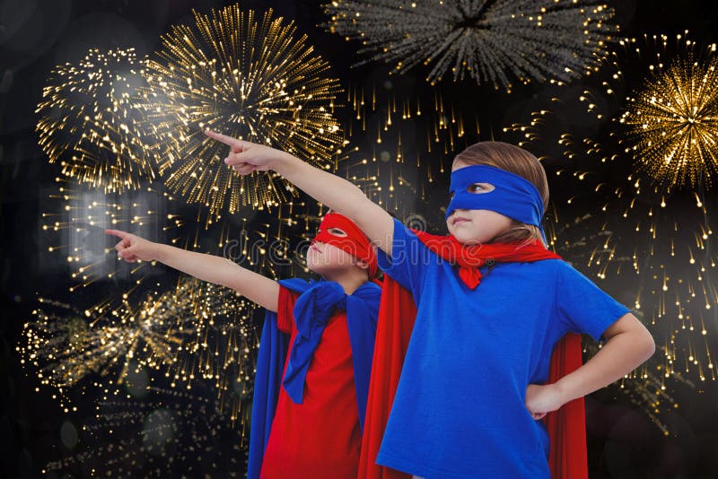 Sammansatt bild av maskerade ungar som låtsar för att vara superheroes royaltyfri illustrationer Sammansatt bild av maskerade ungar som låtsar för att vara superheroes royaltyfri illustrationer