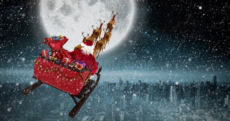 Sammansatt bild av sikten för hög vinkel av den Santa Claus ridningen på släden under jul stock illustrationer