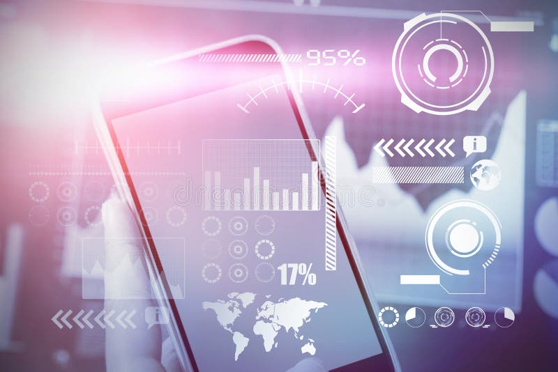Sammansatt bild av slutet upp av den hållande mobiltelefonen för hand stock illustrationer Sammansatt bild av slutet upp av den hållande mobiltelefonen för hand stock illustrationer