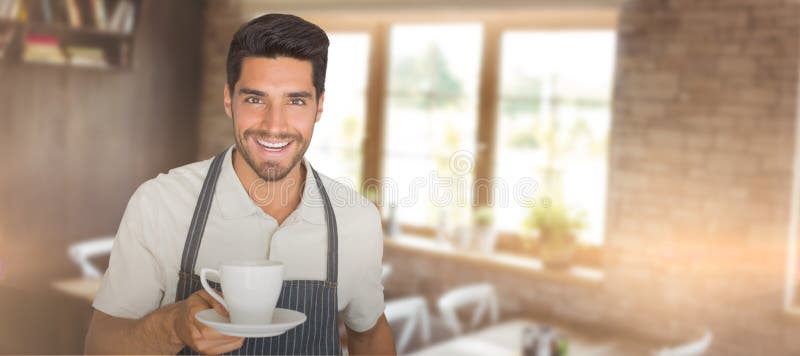 Waiter giving a cup of coffee against empty chairs and tables. Waiter giving a cup of coffee against empty chairs and tables