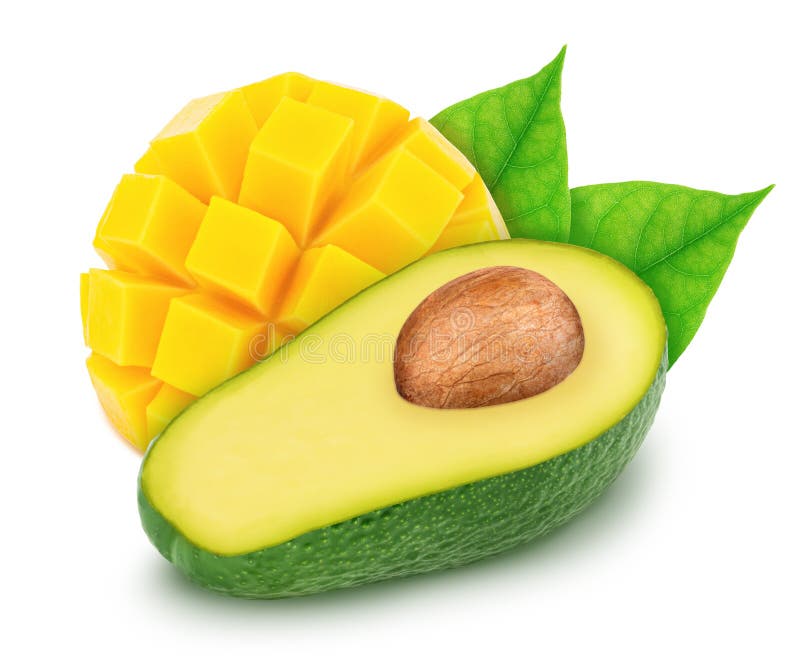 Sammansatt bild med halverad avokado och böjd mangodel isolerad på vit bakgrund royaltyfria foton Sammansatt bild med halverad avokado och böjd mangodel isolerad på vit bakgrund royaltyfria foton