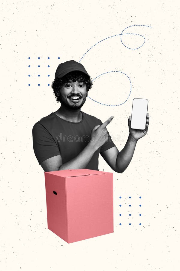 Sammansatt teckningskollage för budfirman shopping eller service unge man le stand box-finger som visar vektor illustrationer