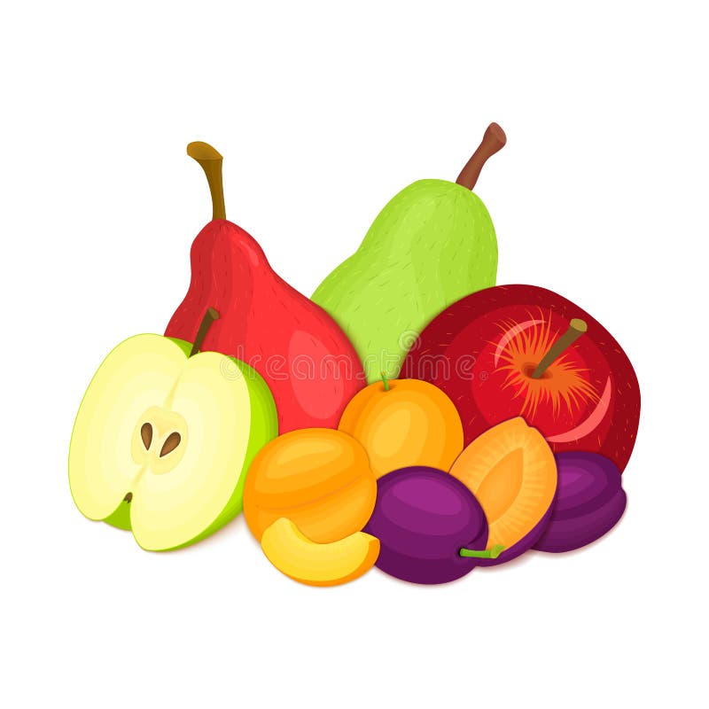 Sammansättning av flera plommoner, äpplen, päron och aprikos Den mogna vektorn bär frukt aptitretande se för hel skiva grupp stock illustrationer Sammansättning av flera plommoner, äpplen, päron och aprikos Den mogna vektorn bär frukt aptitretande se för hel skiva grupp stock illustrationer