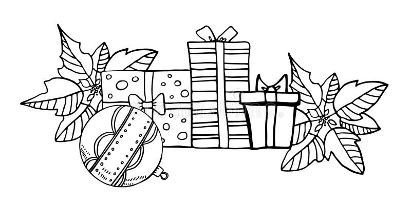 Sammansättning med tre presentlÃ¥dor, julleksaker och poinsettia-växter. Handritad vektorillustration av nyÃ¥rdekorationer stock illustrationer