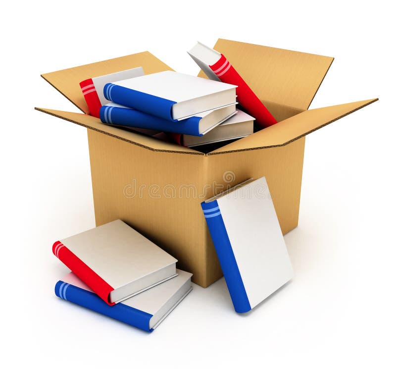 Cardboard box full of books with blank covers isolated high quality 3d model illustration. Cardboard box full of books with blank covers isolated high quality 3d model illustration