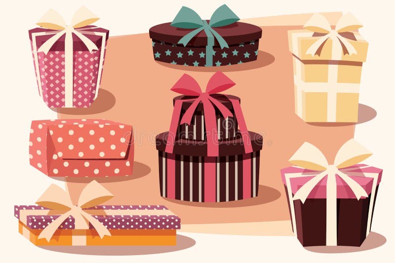 Sammlung bunte Geschenkboxen mit Bögen und Bändern stock abbildung