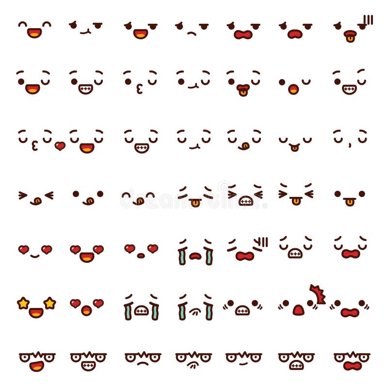 Collection of cute lovely emoticon emoji Doodle cartoon face angry, happy, wink, fun, sad, shock, cry, in love, smile, laugh, kiss on white in childlike manga cartoon style - Vector file EPS10. Collection of cute lovely emoticon emoji Doodle cartoon face angry, happy, wink, fun, sad, shock, cry, in love, smile, laugh, kiss on white in childlike manga cartoon style - Vector file EPS10