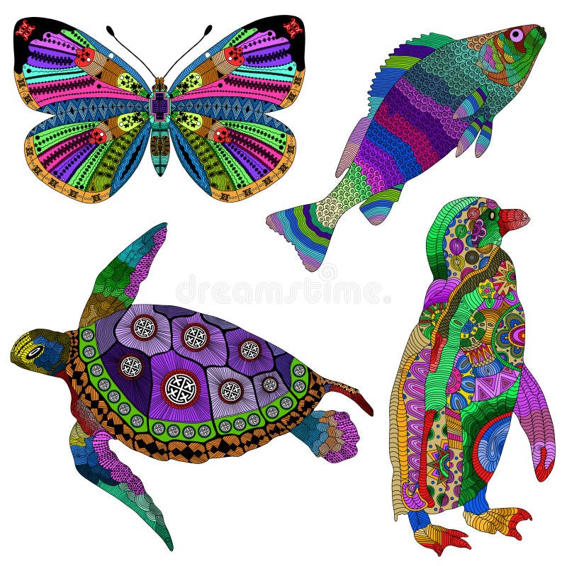 Sammlung Farbhand gezeichnete Tiere im zentangle stilisierte stock abbildung Sammlung Farbhand gezeichnete Tiere im zentangle stilisierte stock abbildung