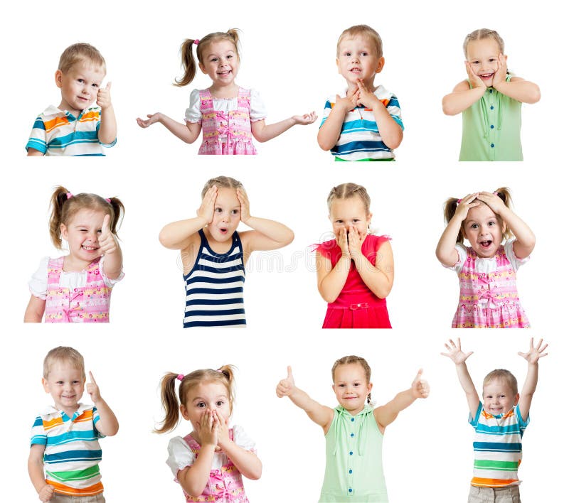 Sammlung Kinder mit verschiedenen Gefühlen getrennt auf weißem BAC