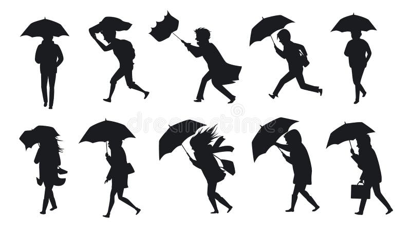 Collection of people silhouettes walking under the rain storm wind with umbrellas. Collection of people silhouettes walking under the rain storm wind with umbrellas