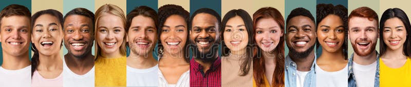 Sammlung Leuteporträts in der Reihencollage auf verschiedenen Schichten lizenzfreies stockbild