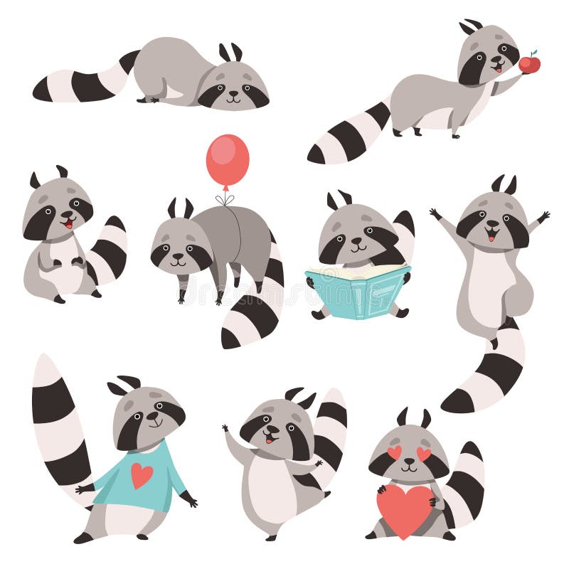 Sammlung netter lustiger Waschbär-Tierzeichentrickfilm-figur in der unterschiedlichen Situations-Vektor-Illustration lizenzfreie abbildung