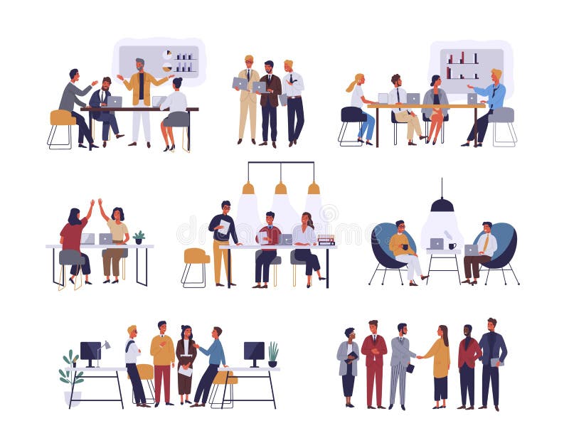 Collection of scenes at office. Bundle of men and women taking part in business meeting, negotiation, brainstorming, talking to each other. Colorful vector illustration in flat cartoon style. Collection of scenes at office. Bundle of men and women taking part in business meeting, negotiation, brainstorming, talking to each other. Colorful vector illustration in flat cartoon style