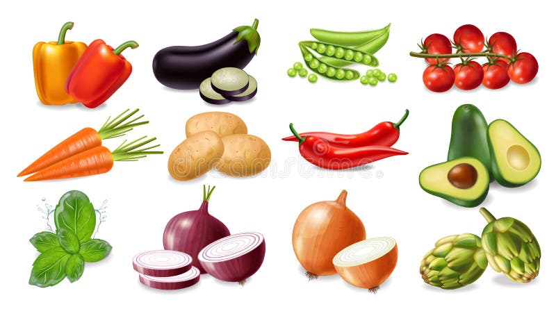 Sammlung von Gemüse Vector realistisch Avocado, Auberginen, Karotten und Tomaten, detaillierte 3D-Abbildungen