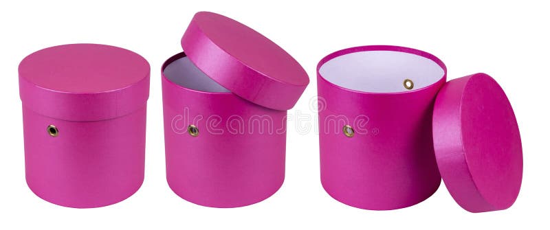 Sammlung von runden rosa Geschenkschachteln mit grob weißem Hintergrund lizenzfreies stockbild