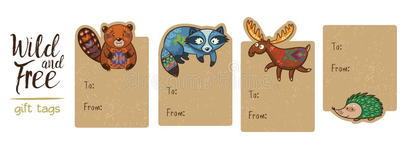 Gift tags with cute forest cartoon animals. Set of 4 printable hand drawn holiday label with beaver, raccoon, deer and hedgehog. Vector illustration. Gift tags with cute forest cartoon animals. Set of 4 printable hand drawn holiday label with beaver, raccoon, deer and hedgehog. Vector illustration