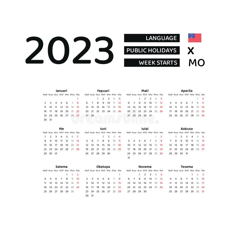 Samoa Calendar 2023. Week Starts from Monday. Vector Graphic Design