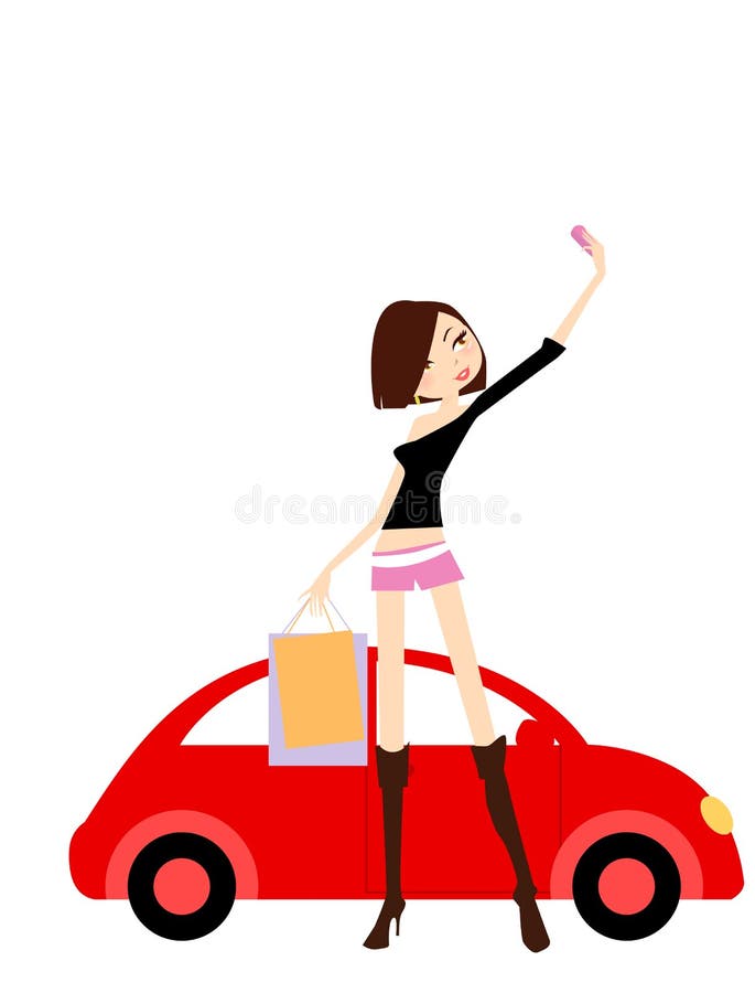 The car stopped to pick up a girl bought on sale a lot of things -illustration art. The car stopped to pick up a girl bought on sale a lot of things -illustration art