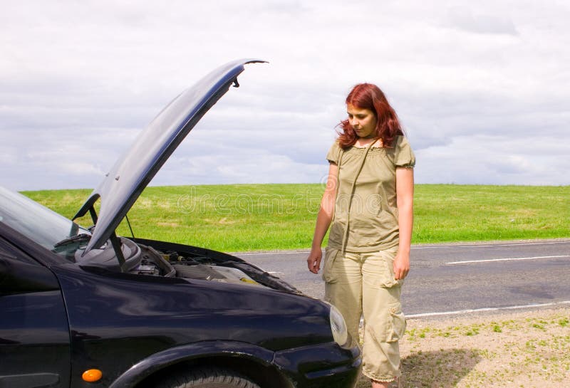 Woman and car on road. Woman and car on road