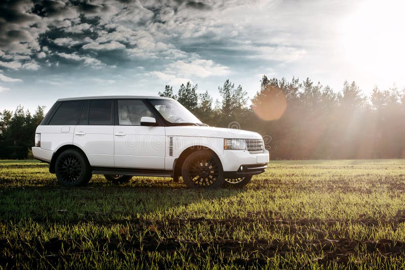 Samochodowy Land Rover Range Rover stojak na zieleni polu blisko lasu przy zmierzchem fotografia stock Samochodowy Land Rover Range Rover stojak na zieleni polu blisko lasu przy zmierzchem fotografia stock