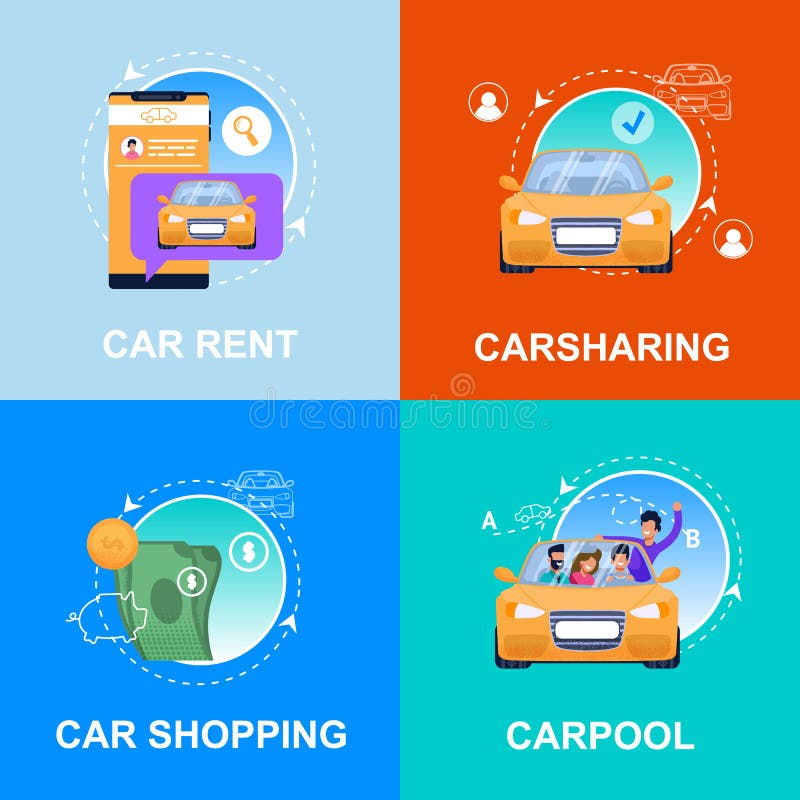 Samochodowy zakupy, czynsz, Carpool, Carsharing us?uga royalty ilustracja Samochodowy zakupy, czynsz, Carpool, Carsharing us?uga royalty ilustracja