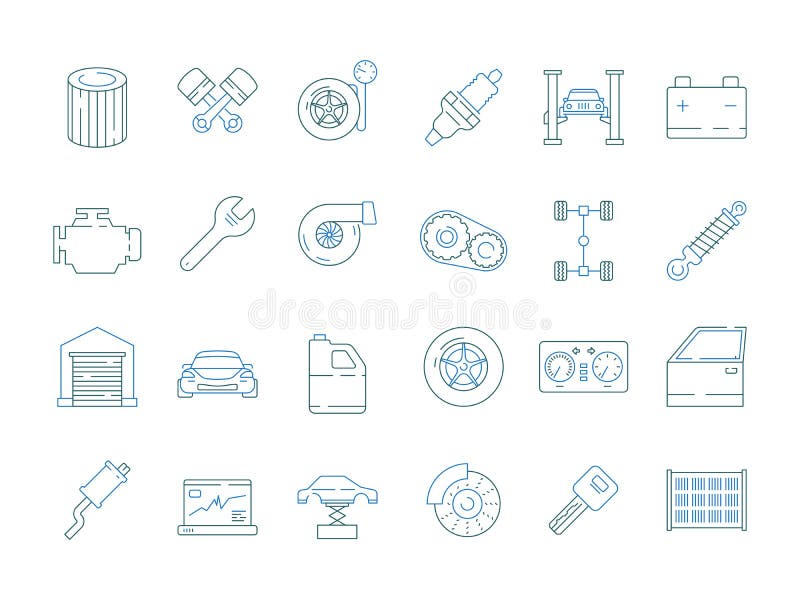 Samochodów usługowi symbole Automobilowego narzędzie części samochodowego mechanika szczegółów gearbox parowozowego wektoru ikony ilustracja wektor