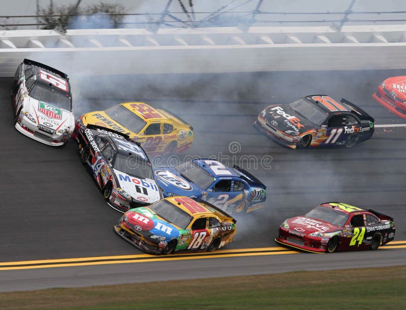 17 February 2012 - Tony Stewart, A.J. Allmendinger , Brad Keselowski and Kyle Busch wreck during practice for the Bud Shootout at Daytona International Speedway. (HHP/Christa L Thomas). 17 February 2012 - Tony Stewart, A.J. Allmendinger , Brad Keselowski and Kyle Busch wreck during practice for the Bud Shootout at Daytona International Speedway. (HHP/Christa L Thomas)