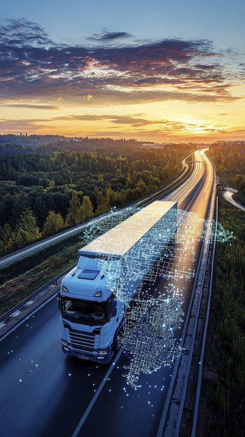 Samochód ciężarowy na cyfrowej autostradzie z dynamiczną mapą świata ilustracja wektor