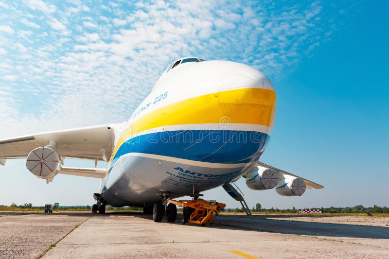 Gostomel, Ukraine - August 20, 2020: Airplane Antonov AN-225 Mriya in Gostomel Airport. Gostomel, Ukraine - August 20, 2020: Airplane Antonov AN-225 Mriya in Gostomel Airport