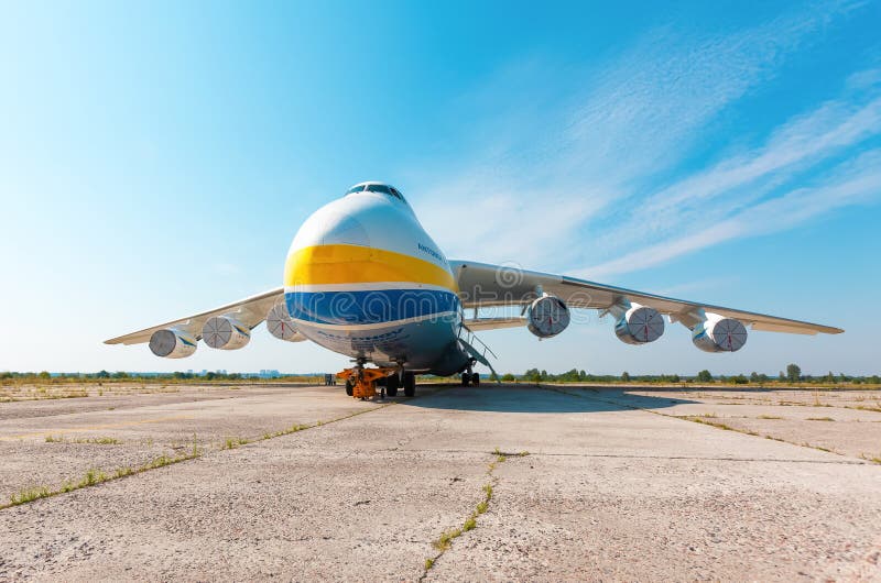 Gostomel, Ukraine - August 20, 2020: Airplane Antonov AN-225 Mriya in Gostomel Airport. Gostomel, Ukraine - August 20, 2020: Airplane Antonov AN-225 Mriya in Gostomel Airport